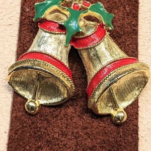 Christmas Bells Brooch / Gold Holiday Jewelry